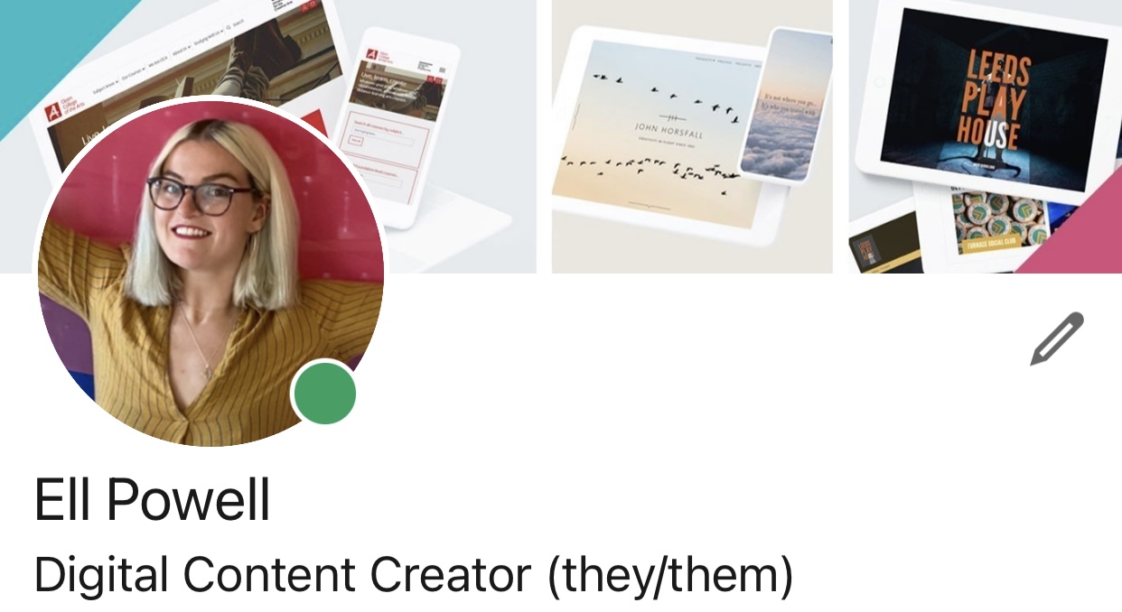 Screenshot of Ell Powell's LinkedIn profile with text that reads "Digital Content Creator (they/them)"