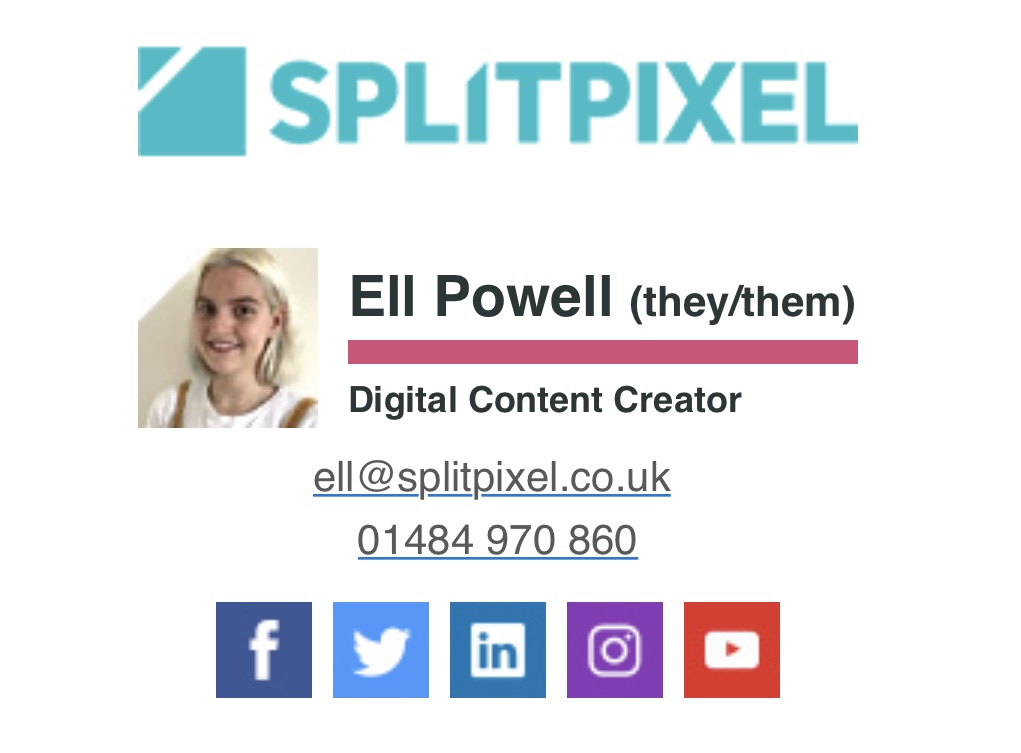 Screenshot of Ell Powell's email signature clearly showing their pronouns (they/them)